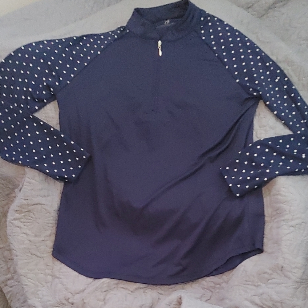Emerald 18 Navy Long Sleeve Top with Polka Dot Sleeves Sz Med
